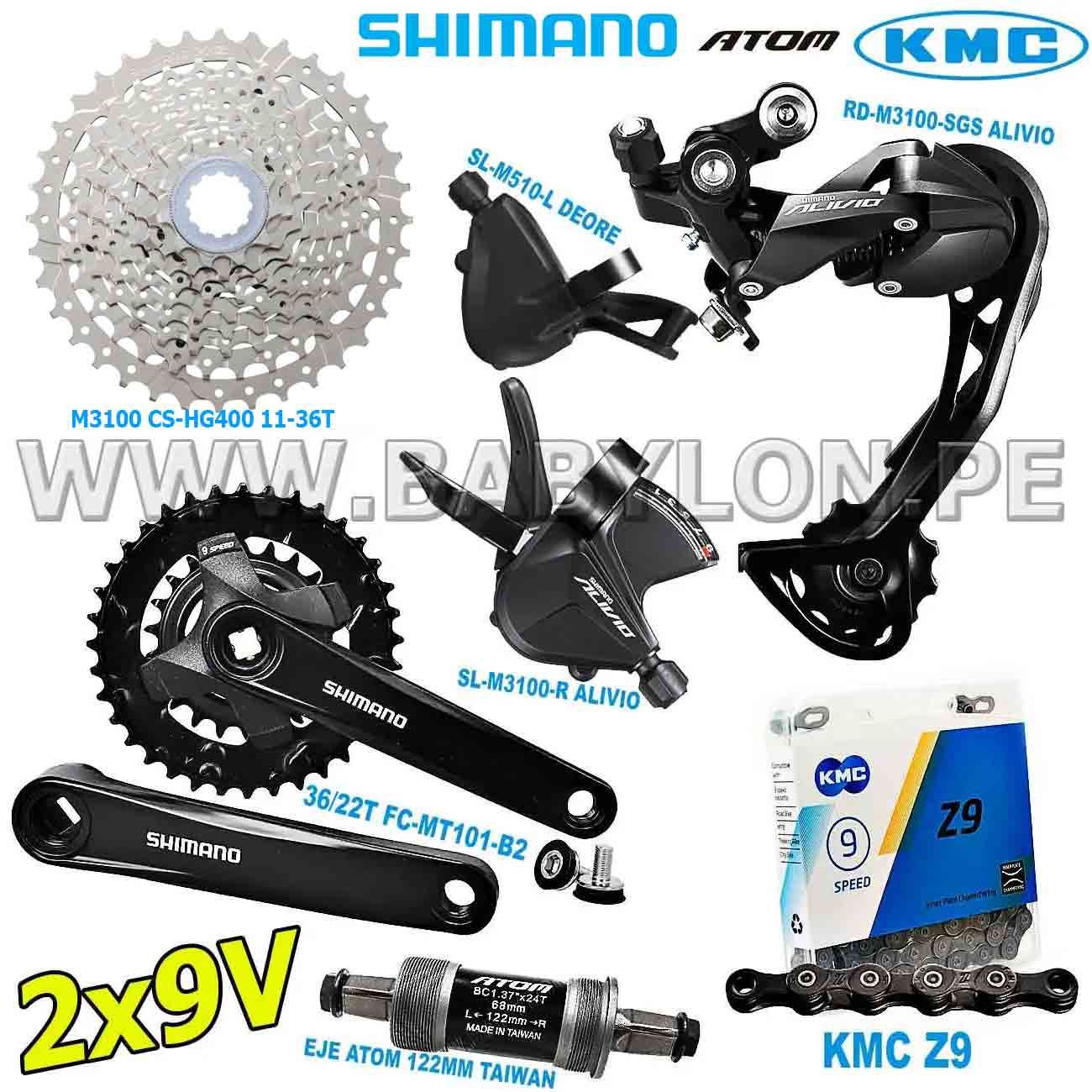 SISTEMA DE ARRASTRE 2X9V SHIMANO ALIVIO M3100 11-36T KMC ATOM